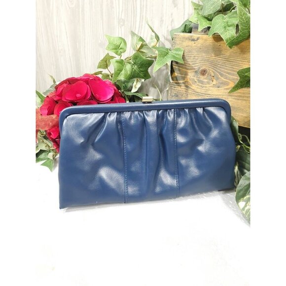 Vintage Blue Leather Clutch Handbag Evening Crossbody Mirror - Picture 2 of 4